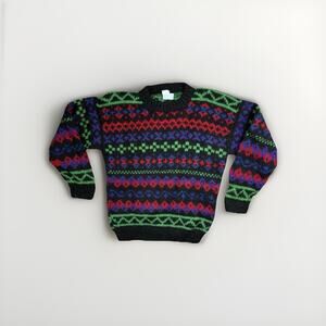 VTG 80s Hand Knit Fair Isle Nordic Colorful Cabincore Wool Grandpa Sweater XL